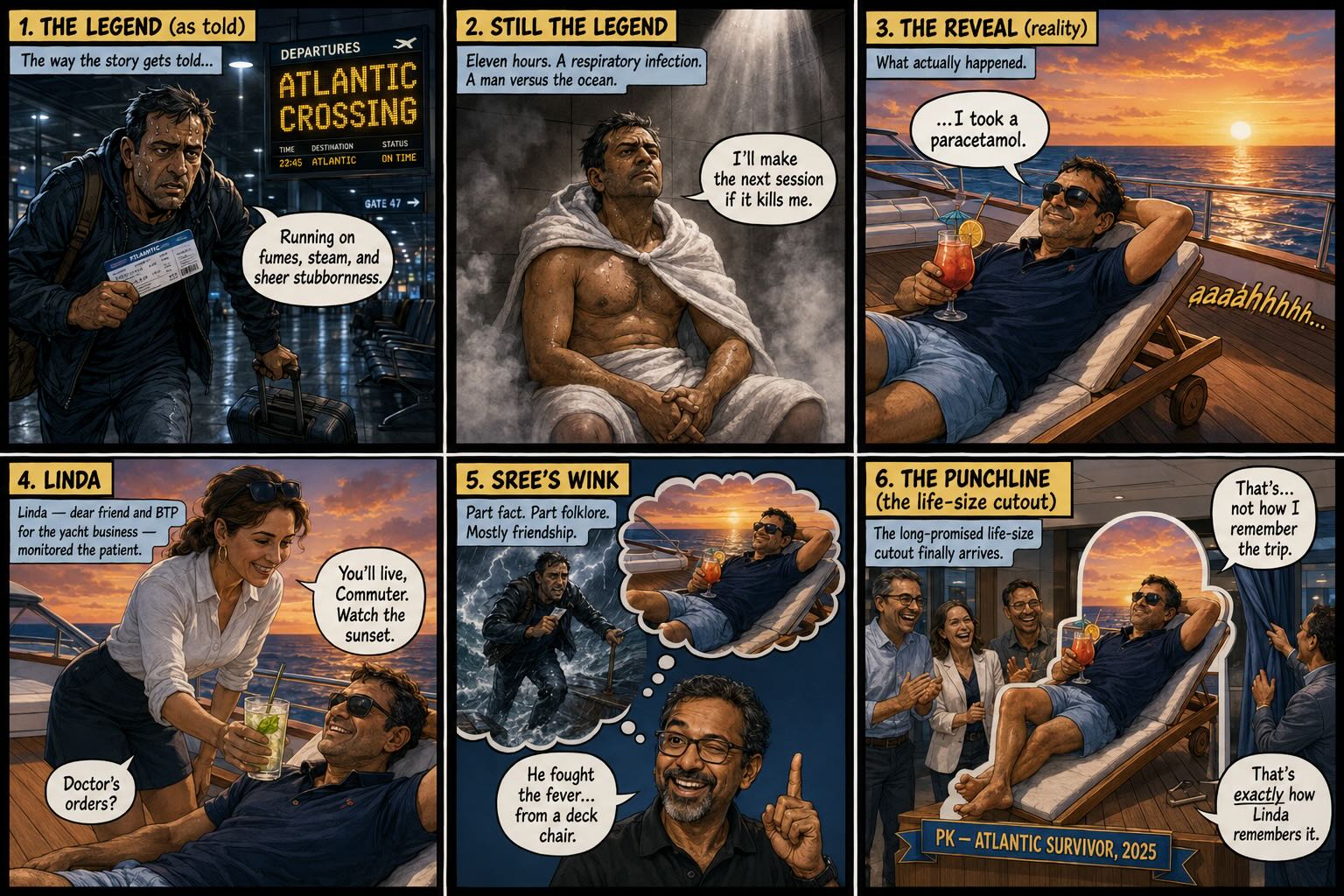 Six-panel comic: the heroic sick-traveller legend (airport, steam room) versus the reality — PK reclining on a yacht deck with a paracetamol and a sunset, Linda handing him a drink, ending with the life-size cutout being unveiled.