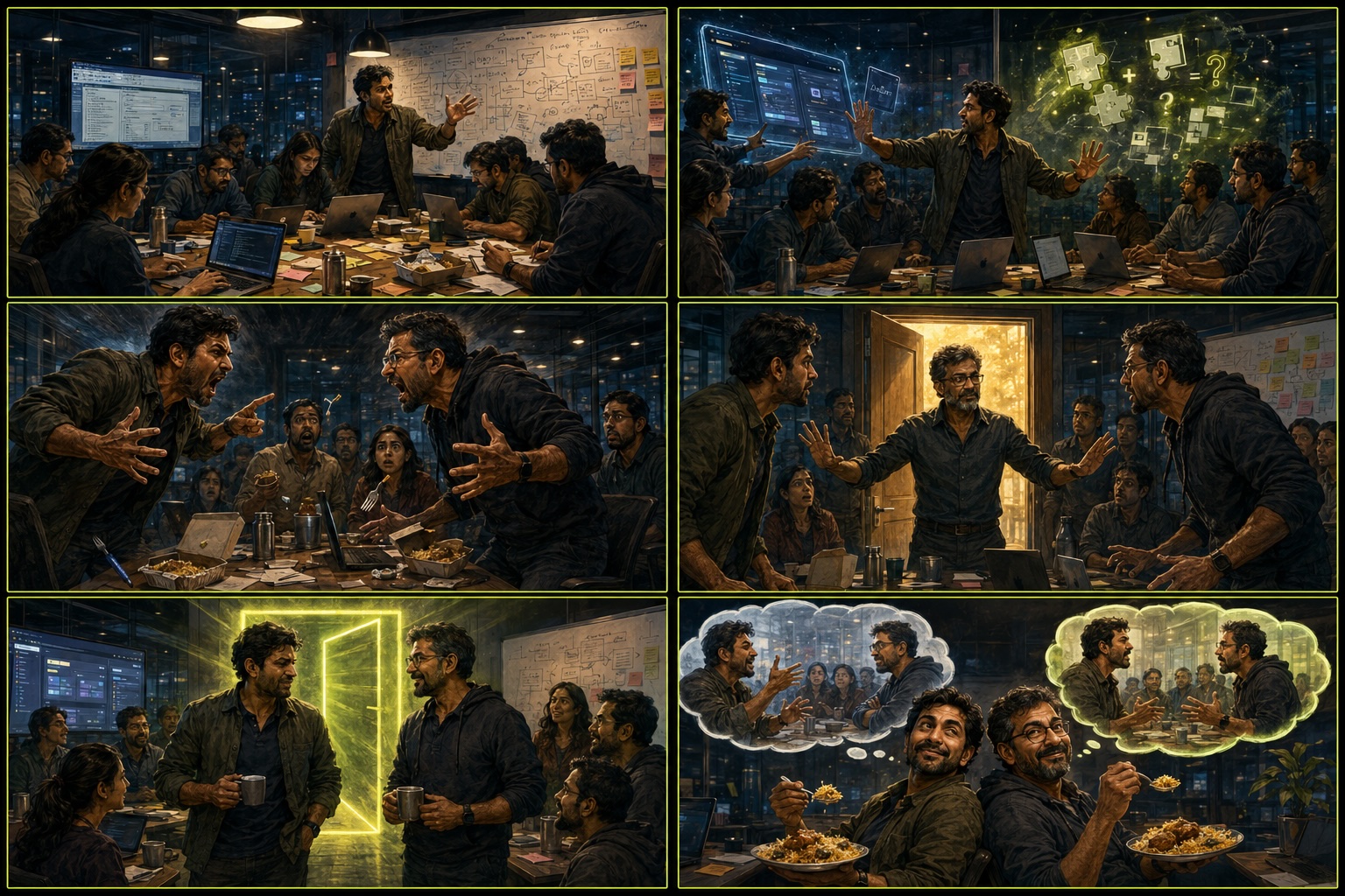 Six-panel comic: a 'dark mode' war room, the two tensions (the demo and the meaning of 'accurate'), the lunchtime shouting match with the team frozen, Sri stepping in and opening a door, the one word 'acceptable' glowing through it, and the two men back-to-back eating biryani — each remembering the fight the opposite way.