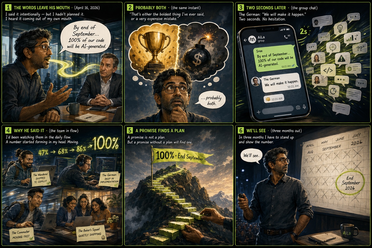 Six-panel comic: the promise leaving Sree's mouth in front of the CEO ('100% of our code will be AI-generated by September'), a thought bubble split between a gold trophy and a ticking money-bomb ('probably both'), the AiLa WhatsApp group with The German's two-second 'We will make it happen', the team shipping in the daily flow as a number climbs 47% to 100%, a promise drawing its own plan up a staircase to the flag, and Sree before an end-September calendar saying 'We'll see.'