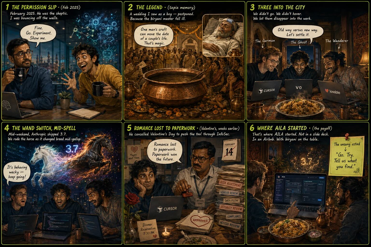 Six-panel comic: the permission slip ('Fine. Go. Show me.'), the legend of the ill biryani master pausing a wedding, three engineers vibe-coding in a Hyderabad Airbnb, Claude 3.7 dropping mid-hackathon as a horse changing breed mid-gallop, Valentine's Day lost to InfoSec paperwork, and the payoff — where AILA started, with biryani on the table.