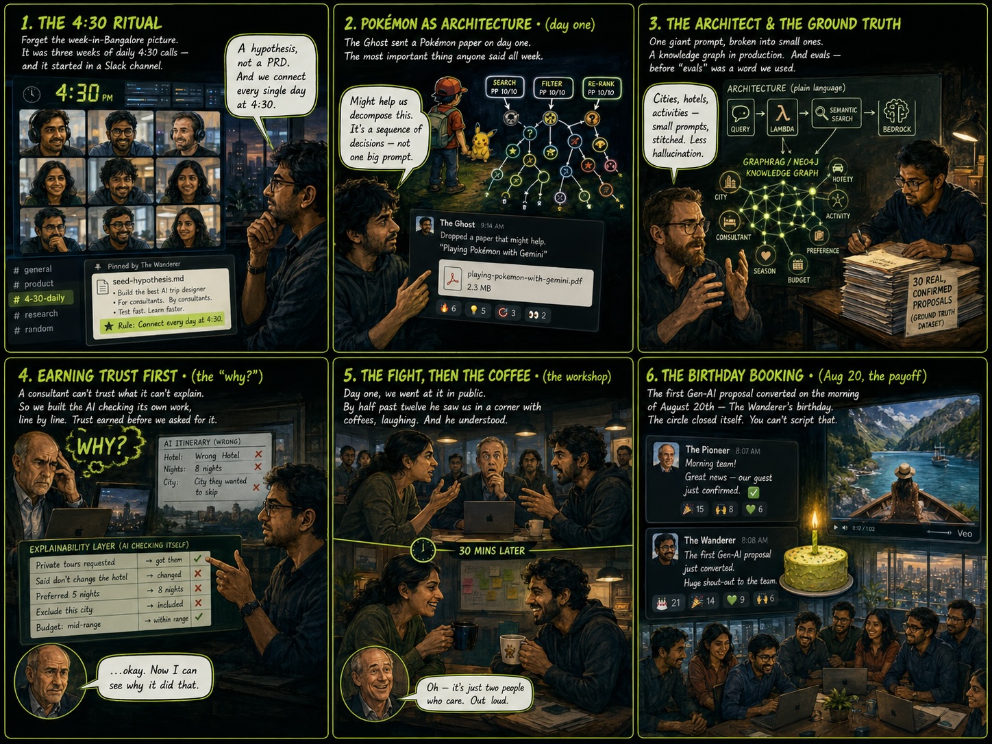 Six-panel comic: the three-week 4:30 daily-call ritual in a Slack channel, the Ghost's Pokémon paper reframing the problem as a sequence of decisions, the German's architecture and a GraphRAG knowledge graph with the Wanderer's ground-truth dataset, the explainability layer answering 'why?' line by line, the public fight between the Dreamer and the Whisperer followed thirty minutes later by coffee, and the birthday booking — the first Gen-AI proposal converting on the Wanderer's birthday.